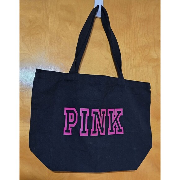 Pink by Victoria Secret Black Canvas Logo Large Tote Bag Dual Handled 18 X 13 - Picture 1 of 8